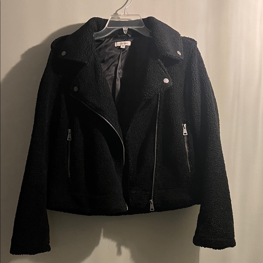 MAX STUDIO Black Sherpa Fleece Cropped Lined Moto Jacket
